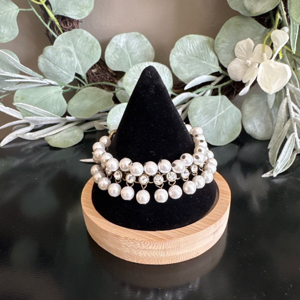 J.Crew Triple Strand Faux Pearl & Rhinestone Bracelet Statement Glam